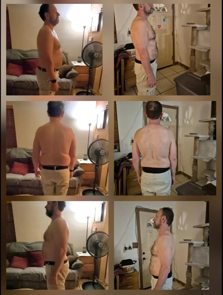 Scott B., side and back views, six-photo progression, March to June 2026